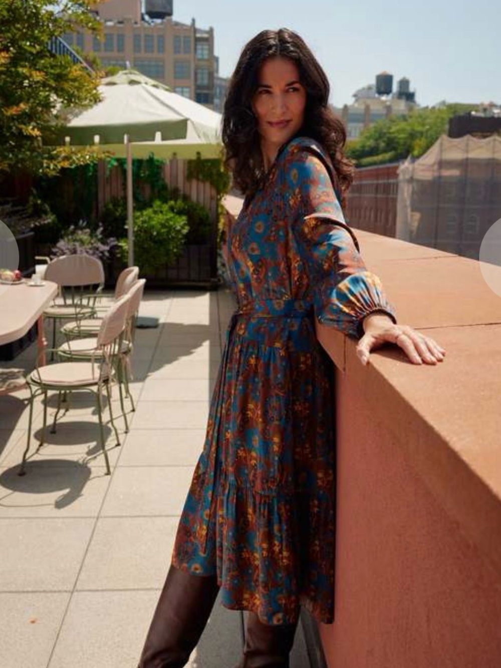 Floral Teal Long-Sleeve Midi Dress with Waist Tie